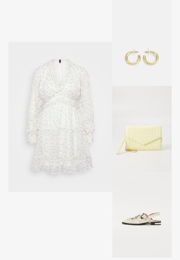 Bela cvetna obleka z dolgimi rokavi, nabrano plastmi in V-izrezom. Ima majhne modre cvetlice na prosojni tkanini za lahkoten videz.; Sandal v slogu z odprtim peto v beli usnjeni obvali z več širokimi trakovi in srebrnimi zaponkami; ravni podplat z majhno črno peto in kovinskimi detajli.; Rumena pletena torbica za ključe z zapiralom, odstranljivim zapestnim trakom in zlatim verižnim poudarkom. Gladka tekstura in pravokotna oblika.; Zlate uhane v obliki obročkov z gladko, sijočo površino. Krožna zasnova s majhnim nosilcem in prozornim podplatom za varno nošenje.