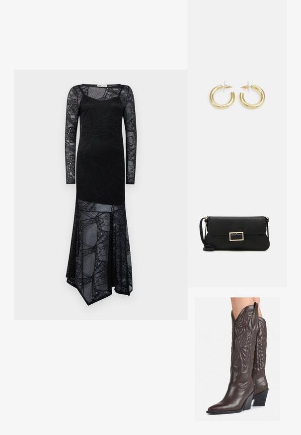 Juoda ilgos rankovės suknelė, pagaminta iš tekstūruoto nėrinio su geometriniais raštais, turinti prigludusį siluetą ir asimetrinį sijoną.; Rudos odinės kaubojaus batai su smailiu priekiu ir blokuotu kulnu, pasižymintys detaliu siuvinėjimu ir iškiliais akcentais ant ašies.; Juodas odinis dėkliukas su atvarteliu ir auksinės metalinės sagties detalėmis. Įeina juodas diržas ir elegantiškas, minimalistinis dizainas.; Aukso auskarai su lygiu, blizgiu paviršiumi. Apvalus dizainas su maža užrakto dalimi ir skaidria atrama saugiam nešiojimui.