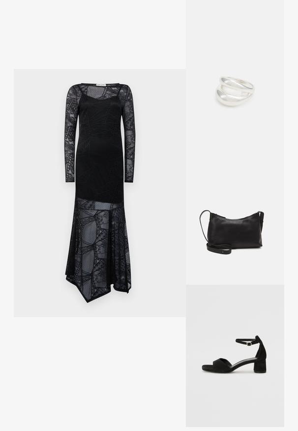 Črna obleka z dolgimi rokavi, izdelana iz teksturirane čipke z geometrijskimi vzorci, z oprijetim silhueto in asimetrično spodnjico.; Črne zamshe sandale na peto z tankim trakom okoli gležnja, odprto konico in zmerno blok peto. Gladka tekstura in minimalni detajli.; Črna usnjena torba čez ramo z gladko teksturo, ukrivljeno obliko, nastavljivim trakom in zadrgo. Minimalističen dizajn brez okrasnih detajlov.; Srebrn dvojni prstan z gladko, polirano površino. Ima tekoč, ukrivljen dizajn z prekrivajočimi se sekcijami za sodoben videz.