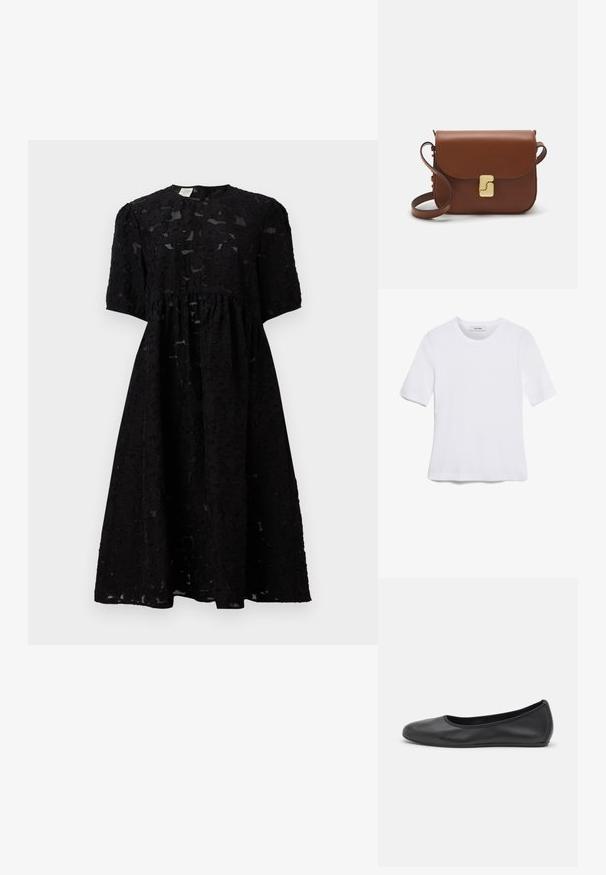 Juoda suknelė, pagaminta iš tekstūrinio audinio, su trumpomis rankovėmis, apvaliu iškirpimu ir surinkta liemene, siekianti vos žemiau kelių.; Balta trumpa rankovėmis marškinėliai, pagaminti iš pasiruošusio audinio. Apvali iškirptė, reguliari tinkamumas ir subtilūs siuvimo detalės. Be raštų ar grafikos.; Juodai odiniai baletai su apvaliu pirštu, lygi texture, minimalus siuvimo detales ir lanksčiu padų dizainu.; Ruda odinė rankinė su uždaromu dangteliu, aukso spalvos detalėmis, petneša ir lygiu paviršiumi. Kompaktiška stačiakampio formos.