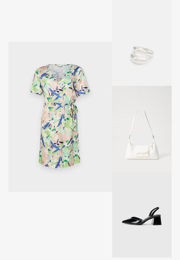 Vestido wrap floral en tonos pastel de verde, azul y rosa. Manga corta, cierre con lazo en la cintura, tela suave con una textura lisa.; Zapatos de tacón slingback de charol negro con punta afilada y tacón geométrico en bloque. Presentan un diseño elegante y minimalista, así como una textura suave.; Bolso sintético blanco con forma triangular, tapa frontal plana y detalle de lazo, correa ajustable, textura suave y diseño minimalista.; Anillo de plata de doble banda con una superficie lisa y pulida. Presenta un diseño fluido y curvado con secciones superpuestas para un aspecto moderno.