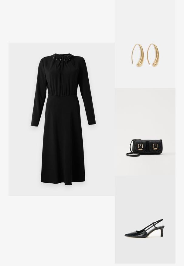 Melna garu piedurkņu kleita ar savilktu dekoltē, centrālajiem pogām un izplešamo svārku. Izgatavota no gludas auduma, ceļgalu garuma dizains.; Melna patent āda ar slīdošo papēdi un smailo purngalu, ar teksturētu čūsku drukājumu, regulējamu siksniņu un īsu teksturētu blokpapēdi.; Melnas ādas crossbody soma ar divām priekšējām kabatām, zelta sprādzēm, ar rāvējslēdzēju aizdari un šauru siksnu. Strukturēta virsma un kompakta taisnstūra forma.; Zelta toņu metāla gredzena auskari ar izliektu, pagarinātu formu. Ar gludu, spīdīgu virsma un noapaļotu galu papildu detaļām.