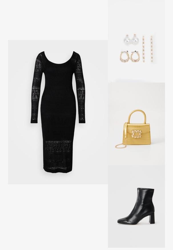 Robe en tricot noir à manches longues, décolleté arrondi, silhouette ajustée et motifs ajourés le long du corsage et des manches.; Botte de cheville en cuir noir avec un bout pointu et un talon carré structuré. Texture lisse avec un design épuré et minimaliste.; Sac à main en faux crocodile jaune avec un design structuré, une poignée supérieure, une bandoulière en chaîne amovible, et un ornement cristallin décoratif sur le fermoir.; Trois paires de boucles d'oreilles : de grandes perles blanches en boutons, des créoles en or avec des pierres claires, et deux longues boucles d'oreilles droites en or avec des détails scintillants.