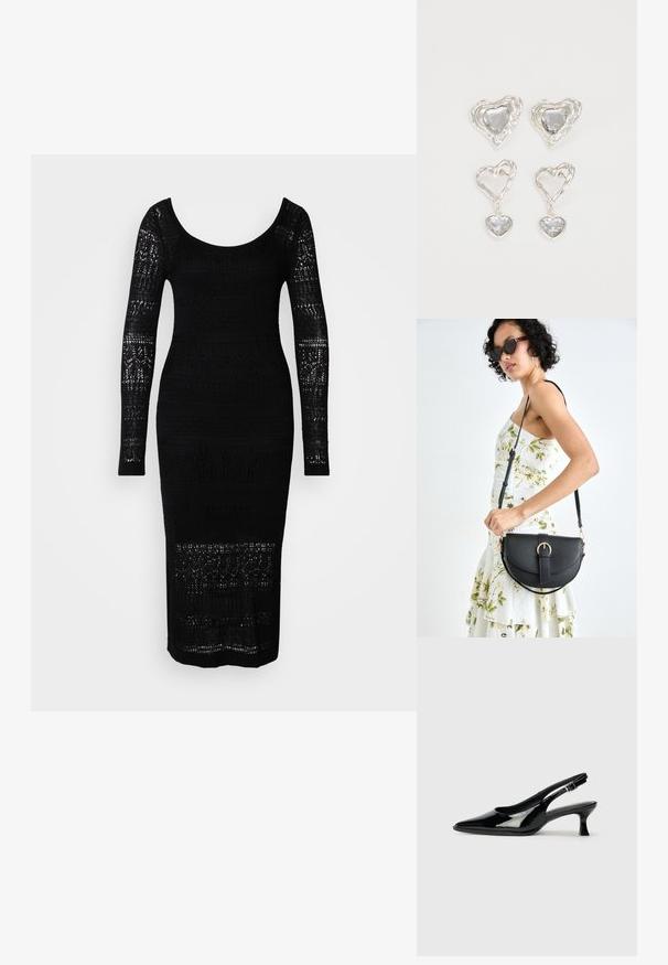 Rochie tricotată neagră cu mâneci lungi, decolteu rotund, siluetă ajustată și modele lucrate în desfășurare pe corset și mâneci.; Pantofi slingback din piele lacuită neagră, cu vârf ascuțit și toc mic. Curea reglabilă cu cataramă la gleznă.; Geantă din piele neagră, cu o formă curbată, curea detașabilă și accesorii aurii. Geanta are un capac cu un detaliu tip cataramă.; Cerceii în formă de inimă argintie sunt decorați cu pietre clare fațetate, având un cadru texturat. Setul include stiluri cu buton și cu pandantiv.