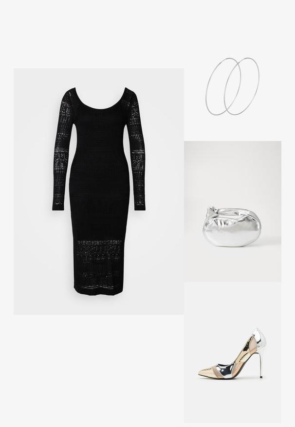 Melna adīta kleita ar garajām piedurknēm, apaļu izgriezumu, piegulošu siluetu un atvērtā darba rakstiem gar ķermeni un piedurknēm.; Apspīlēta augstpapēžu kurpe ar zeltītu, sudrabi un neitrālu krāsu kombināciju. Spīguļojoša virsma ar izgriezuma dizainu, aprīkota ar stiletto papēdi.; Sudraba metāliska poga somiņa ar mīkstu, noapaļotu formu un mezgla augšējo aizdari. Izgatavota no gludas mākslīgās ādas materiāla.; Sudraba gredzenveida auskari ar minimālistisku dizainu. Cirkulāra forma, gluda tekstūra un plāns profils. Vieglu svaru ar spīdīgu apdari.