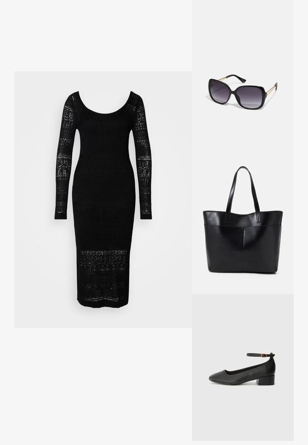 Črna pletena obleka z dolgimi rokavi, izrezom na vratu v obliki žlice, oprijetim silhuetom in vzorci odprtega dela po telesu in rokavih.; Črne usnjene pumpice z nazobčanimi prsti in nizko blokasto peto. Imajo trak okoli gležnja z zaponko v zlatem tonu. Gladka tekstura.; Črne prevelike sončne očala z degradacijskimi lečami, debelimi okvirji in zlatimi verižicami na ročajih.; Črna usnjena torba z dvema dolgima ročajema, gladko teksturo in strukturirano obliko. Ima sprednji žep za dodatno shranjevanje.