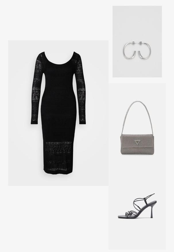 Schwarzes Strickkleid mit langen Ärmeln, weitem Ausschnitt, figurbetontem Schnitt und Durchbrüchen entlang des Oberkörpers und der Ärmel.; Schwarze, hochhackige Sandalen mit dünnen Riemen und einem geknoteten Design, einer glatten, rechteckigen Zehenpartie und einem eleganten Stiletto-Absatz.; Hellegraue metallische Handtasche mit einer Kettenriemen, verziert mit kleinen kreisförmigen metallic Nieten und einem dreieckigen Markenlogo.; Silberne Creolen mit einer glatten, glänzenden Oberfläche. Abgerundete Form, leichtes Design, mit einer Steckverschluss.