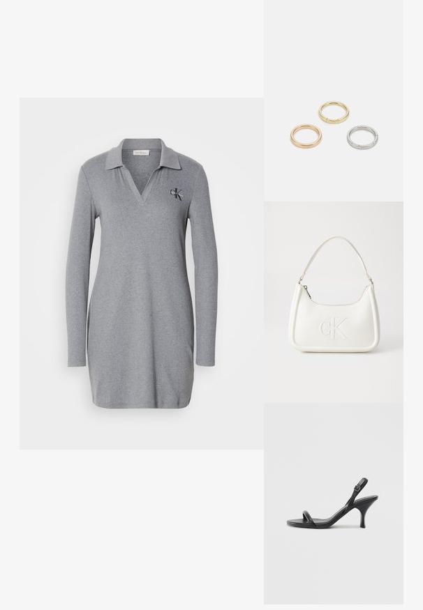 Szürke, hosszú ujjú pólós ruha, puha anyagból készült, V-nyakú gallérral és egy kis hímzett logóval a bal mellen.; Fekete bőrből készült, magassarkú szandál, vékony, ívelt sarokkal és keresztben átkötött pántokkal. Állítható bokapánt. Sima felület.; Fehér bőrtáska ívelt formájú, elöl feltűnő "CK" logóval, egyetlen vállpánttal. Cipzáras zárás a tetején.; Három fémgyűrű: az egyik rose gold, a másik texturált akcentusokkal ellátott arany, a harmadik pedig ezüst, mindegyiken gravírozott márkajelzés található a belső sávon.