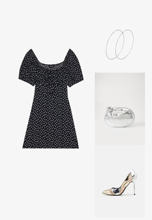 Svart kort klänning med vita oregelbundna prickar, puffärmar, fyrkantig halsringning och detalj med knytning fram.; Spetsig tå högklackad sko med en färgpalett av silver, guld och nude. Glansig yta med utskärningsdesign, utrustad med en stilettklack.; Silverfärgad metallisk påse med en mjuk, rundad form och en knutstängning upptill. Tillverkad av ett mjukt material i konstläder.; Silverfärgade hoopörhängen med en minimalistisk design. Cirkulär form, slät yta och tunn profil. Lätta med en polerad finish.