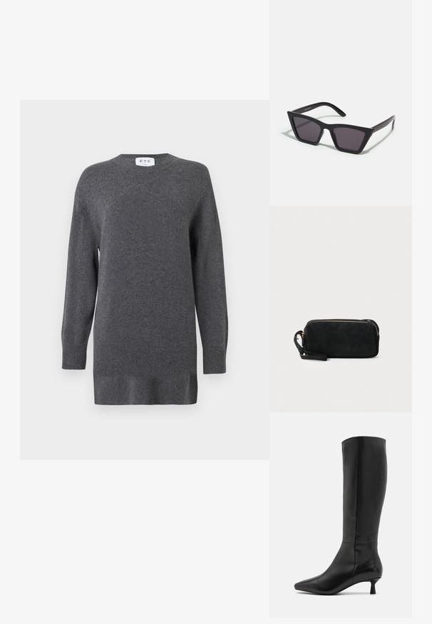 Hall ja lilleline kampsun, mis on valmistatud pehmest kangast, ümara kaelusega, pikad varrukad ning ribakudumisega mansetid ja alläär. Lihtne ja klassikaline disain.; Zign Saapad - black; Mustad mustrakellad, millel on hallid šabloonid; valmistatud plastist, paksude ja siledate kätega, ilma nähtava riistvarata.; Mustan sametist käsipakiga kotike, millel on tõmblukuga sulgemine ja eemaldatav randme rihm. Omab kuldse tooni riistu ja sileda, mati tekstuuri.