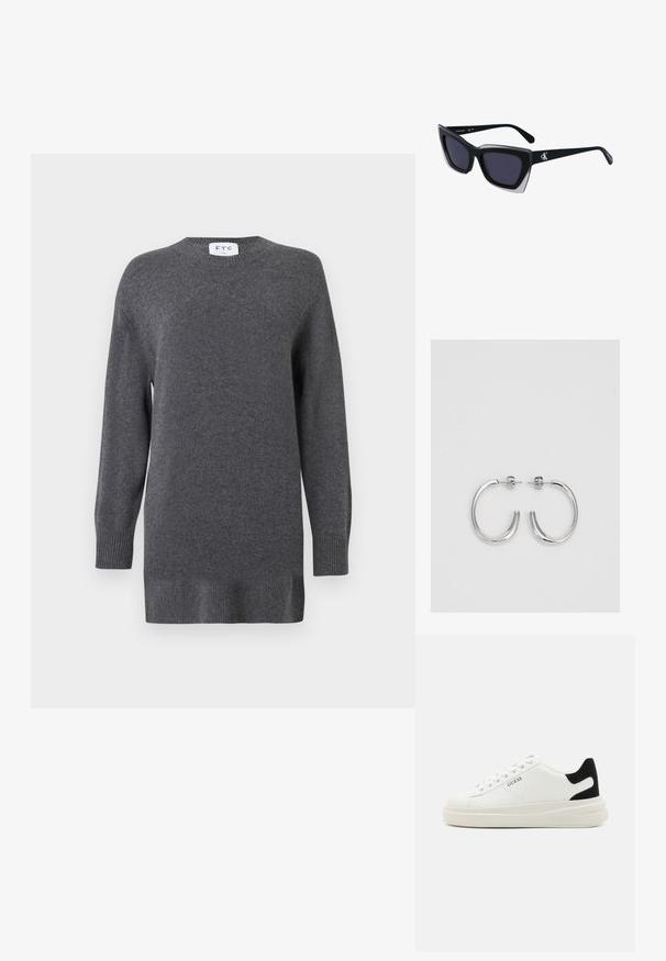 Szürke kötött pulóver, puha anyagból készült, kerek nyakkivágással, hosszú ujjakkal, bordázott mandzsettákkal és aljjal. Egyszerű és klasszikus dizájn.; Fehér bőr sportcipők vastag fehér talppal, fekete velúr sarokpikkelyel és dombornyomott logóval az oldalon. Fűzős kialakítás, hat fűzőlyukkal.; Fekete, nagyméretű napszemüveg geometrikus formával, sötét lencsékkel és kontrasztos szürke részlettel a kereten. Logó a szárán.; Ezüst karika fülbevalók sima, fényes felülettel. Lekerekített forma, könnyű kialakítással, tűs zárómechanizmussal.