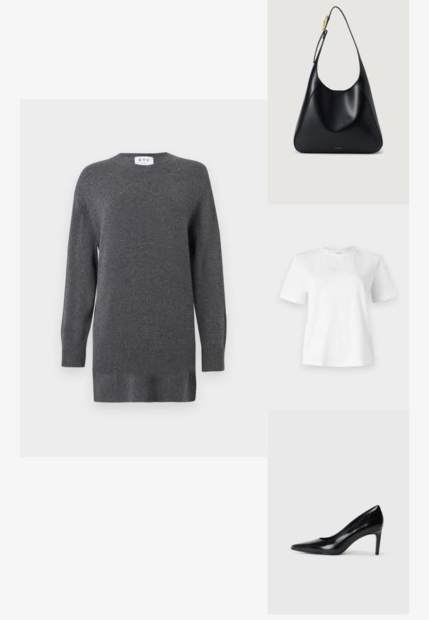 Hall ja lilleline kampsun, mis on valmistatud pehmest kangast, ümara kaelusega, pikad varrukad ning ribakudumisega mansetid ja alläär. Lihtne ja klassikaline disain.; Valge puuvillane T-särk lühikeste varrukatega, ümara kaelusega ja eesdisainiga peenelt reljeefne Calvin Kleini logo. Sile tekstuur, klassikaline lõige.; Mustmust musta kõrge kontsaga king, millel on terav varvas, sile tekstuur ja kitsenev konts. Minimalistlik disain, ilma täiendavate kaunistusteta.; Must mustriba mustkott, millel on sile tekstuur, kõver siluett ja kuldne riistvara aksent. Omab reljeefset brändilogo alusel.