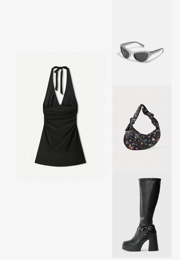 Black halter dress with a plunging neckline, ruched bodice, and a tie at the neck. The fabric is smooth and slightly glossy.; Black knee-high platform boots with a glossy finish, featuring a wide block heel and a buckle strap accent at the ankle.; Silver cat-eye sunglasses with dark lenses, embellished with clear gem accents along the frame. Matte finish with curved temple design.; Black crescent-shaped handbag with colorful floral print and knotted handles, featuring a small metallic logo on the bottom right side.