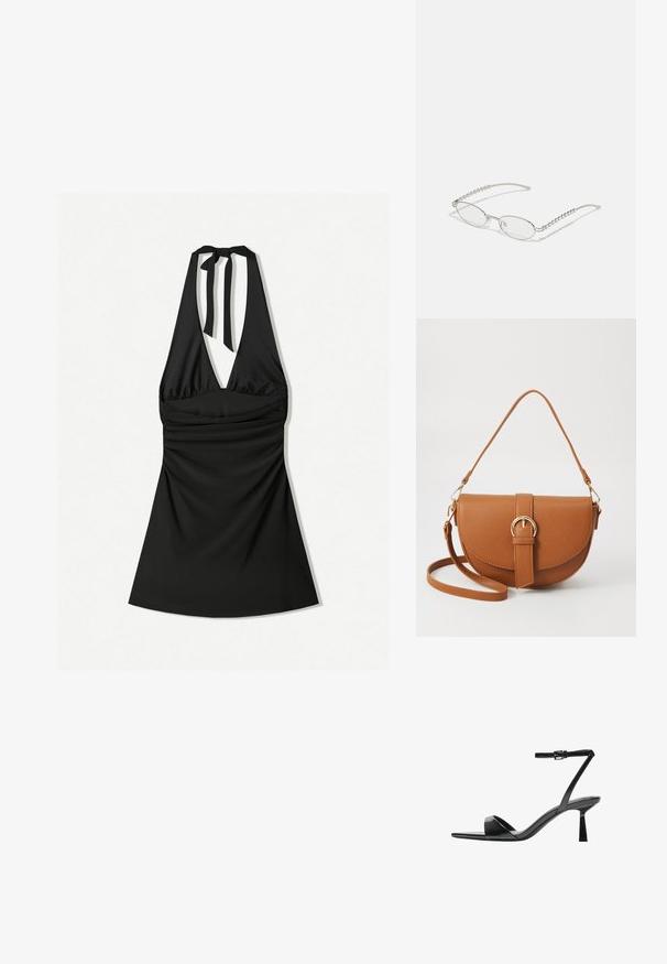 Čierne šaty na za krk s hlbokým výstrihom, zriadeným korzetom a zaväzovaním na krku. Tkanina je hladká a mierne lesklá.; Bershka Sandále na vysokom opätku - black; Oválne okuliare s kovovým strieborným rámom, priesvitnými šošovkami a textúrovanými perlovými akcentmi na spánkoch. Ľahký dizajn s zahnutými ramenami.; Hnedá kožená kabelka cez telo s zakriveným tvarom, zlatými kovovými doplnkami a akcentom s prackou. Obsahuje odnímateľný ramenný popruh.