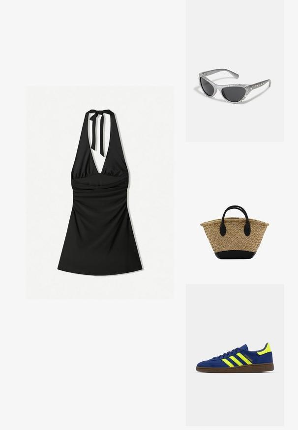 Svart halterneck-klänning med djup urringning, smockad bodice och knytning vid nacken. Tyget är slätt och något glansigt.; Blå mockaskor med gula accenter och tre ränder; har en brun gummisula och broderad branding på sidan.; Silvriga kattöga-solglasögon med mörka linser, dekorerade med klara ädelstensaccentueringar längs bågen. Matt finish med böjd tempeldesign.; Vävd halmkorg med en utflutad form, som har en svart läderbotten och handtag. Texturerade naturliga fibrer med släta svarta accenter.
