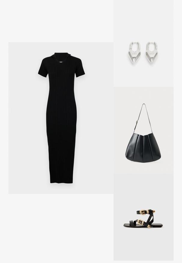 Svart ribbad stickad klänning med en figursydd silhuett, korta ärmar och en subtil krage. Lång längd med texturerade tygdetaljer.; Svarta lädersandaler med guldspännen, med flera remmar och platt såldesign för öppna tår.; Svart läder axelväska med veckad design, len yta, en enda rem och en diskret guldfärgad detalj.; Silverfärgade hartsformade hänglås med ingraverade "JA" och "NEJ"-texter, polerad yta, symmetrisk design och en robust metallklolukning.