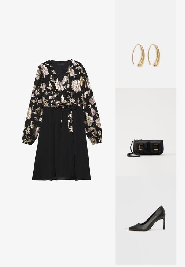 Czarna sukienka z długimi rękawami, z złotymi i srebrnymi haftami kwiatowymi na górze. Związana w talii, z gładką spódnicą.; Czarny skórzany but na wysokim obcasie z ostrym noskiem i metaliczną srebrną nasadką. Posiada gładkie wykończenie i smukły obcas o wysokości 10 cm.; Czarna skórzana torba na ramię z dwoma przednimi kieszeniami, złotymi klamrami, zamkiem błyskawicznym i cienkim paskiem. Teksturowana powierzchnia i kompaktowy prostokątny kształt.; Złote metalowe kolczyki w kształcie obręczy o zakrzywionym, wydłużonym kształcie. Posiadają gładką, błyszczącą powierzchnię oraz zaokrąglony koniec dla dodatkowego efektu.