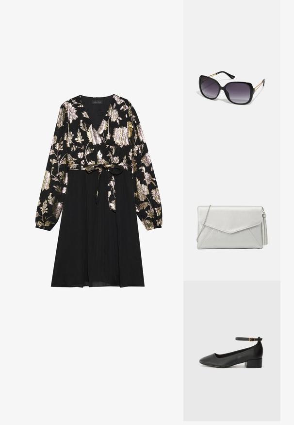 Juoda suknelė su ilgomis rankovėmis, dekoruota auksinėmis ir sidabrinėmis gėlių siuvinėmis viršuje. Surišama ties juosmeniu su lygiu audinio sijonu.; Juodas odinis aukštakulnis batelis su smailiu pirštu ir žemu bloku. Su kulkšnies dirželiu su auksinės spalvos sagtimi. Lygus paviršius.; Juodos didelės saulės akinių su pereinamais objektyvais, storomis rėmeliais ir auksinės spalvos grandinėmis ant šventyklų.; Sidabrinė sintetinio odos rankinė su voku, grandinėlės dirželiu ir pom-pom detale vienoje pusėje, turinti kampuotas siūles.