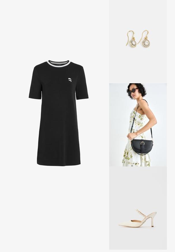 Černé šaty s krátkým rukávem vyrobené z bavlny, s kulatým výstřihem, s bílým akcentním pruhem a malým vyšitým designem na prsou.; Steve Madden BRECKI - Pantofle na podpatku - ivory; Černá kožená kabelka s křivkovým tvarem, odnímatelným popruhem a zlatými detaily. Kabelka má klopu s přezkou.; Náušnice ve zlatém tónu s oválnými průhlednými krystaly obklopenými menšími průhlednými kameny, se zapínáním na háček pro bezpečné nošení.