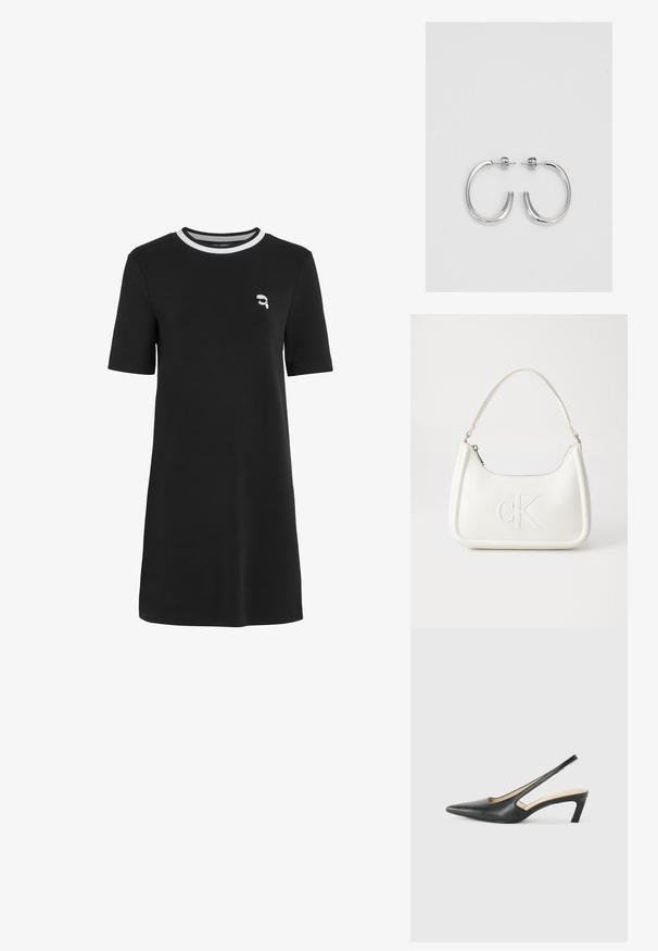Črna kratka obleka z raztegnjenimi rokavi, izdelana iz bombaža, z okroglo izrezom, ki ima belo poudarjeno črto in majhen vezen dizajn na prsih.; Črne čevlje s koničastimi nosovi in slingback obliko z nizko peto, izdelane iz gladke usnjene materiale ter s črtasto zasnovo na strani za prezračevanje.; Bela usnjena torbica s ukrivljeno obliko, ki na sprednji strani nosi vžgano logo "CK" in ima eno naramnico. Zadrga za zapiranje na vrhu.; Srebrne obročaste uhane z gladko, sijočo površino. Zaobljena oblika, lahka zasnova, z zapiranjem na zatič.