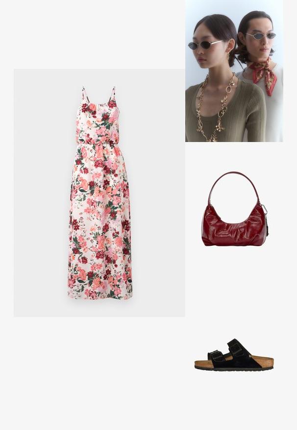 Robe maxi florale en tissu léger avec un fond pastel et des motifs roses, rouges et verts, des bretelles spaghetti ajustables et une taille élastique.; Sandales en cuir verni noir avec deux brides réglables, semelle en liège et semelle en caoutchouc, présentant une texture lisse et un design minimaliste.; Des lunettes de soleil rondes avec des verres foncés et des montures argentées fines. Une personne porte un collier en chaîne doré, tandis qu'une autre a un foulard à motifs rouges.; Sac à épaule bordeaux fabriqué en matériau brillant, avec une forme courbée et une texture froncée. Il possède une courte anse et une fermeture éclair visible.