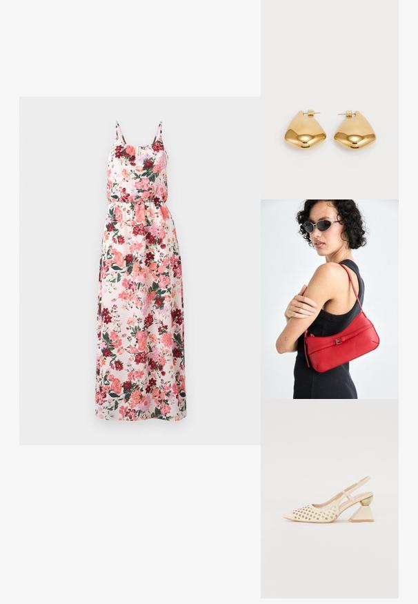 Floral maxi dress in lightweight fabric featuring a pastel background with pink, red, and green patterns, adjustable spaghetti straps, and an elastic waist.; Beige slingback shoe with perforated upper, pointed toe, and a contrasting triangular heel featuring a gold accent. Smooth texture overall.; Red leather shoulder bag with a smooth texture, curved design, and a decorative buckle accent. Adjustable strap and zip closure.; Gold-tone metal earrings with a smooth, rounded triangular shape and post-back design; reflective surface with minimal detailing.