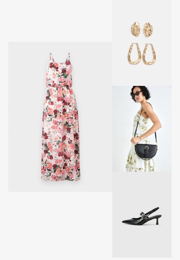 Květinové maxi šaty z lehké látky s pastelovým pozadím a vzory v růžové, červené a zelené barvě, nastavitelné ramínka a elastický pas.; Černé lakované boty na podpatku typu slingback s špičatou špičkou a malým blokovým podpatkem, které mají na pásku stříbrný přezkový akcent.; Černá kožená kabelka s křivkovým tvarem, odnímatelným popruhem a zlatými detaily. Kabelka má klopu s přezkou.; Náušnice ve zlatém tónu s texturovanými, vlnitými tvary. Obsahují sochařské klipy a design otevřeného kruhu s kladivkovým povrchem.