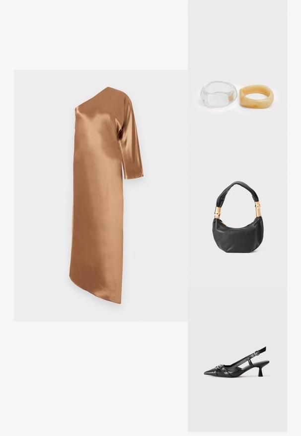 Asymetrická saténová šaty v teplom hnedom odtieni. Má dlhé rukávy a rovný strih, s bočným rozparkom pre pridaný detail.; Čierne kožené slingback topánky s špicatou špičkou, ozdobnými popruhmi s kovovými očkami a nízkym blokovým podpätkom. Textúrovaný povrch.; Čierna kožená kabelka s guľatým tvarom, príjemnou textúrou a uzlíkovou rukoväťou s akcentmi zlatého tónu. Zipsové uzatvorenie.; Priehľadné a jantárové prstene z živice, jeden je hladký a priesvitný, druhý má textúrovaný jantárový povrch. Obe sú zaoblené a robustné.