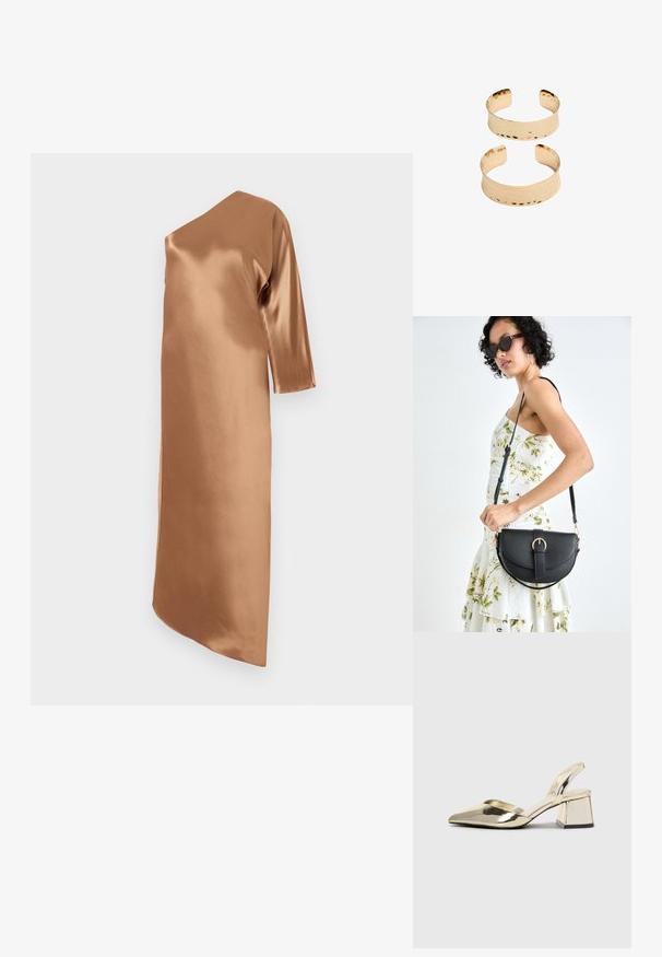 Asymmetrisk satin kjole i en varm, brun farve. Har lange ærmer og lige snit, med en tilskæring i siden for ekstra detalje.; Guld, metalliske slingback-hæle med spids tå og kraftig hæl. Glat tekstur, minimalistisk design og en smal strop.; Sort læderhåndtaske med en buet form, aftagelig rem og guldfinish. Tasken har en klap med en spænde detalje.; Guldtonede metalknopper med en hamret overflade, der har et åbent design og glatte kanter. To størrelser vist: en bredere og en slankere.