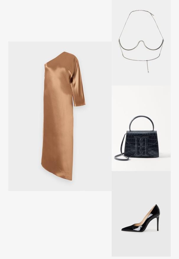 Asymmetrical, satin dress in a warm, brown hue. Features long sleeves and a straight cut, with a side slit for added detail.; Black patent leather high-heeled pump with a pointed toe design and a sleek silhouette. Features a smooth, shiny finish and a slender stiletto heel.; Black crocodile-embossed leather handbag with a structured design, top handle, adjustable strap, and a prominent front logo detail.; Cult Gaia ASHA BODY JEWELRY - Other accessories - bright shiny silver-coloured