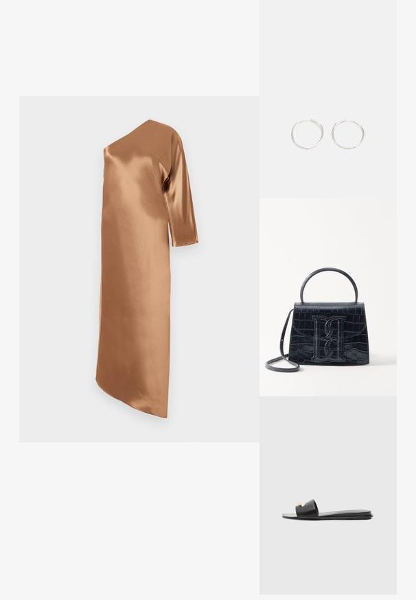 Aszimmetrikus, selymes ruha meleg, barna árnyalatban. Hosszú ujjaival és egyenes szabásával rendelkezik, oldalán hasítékkal a részletgazdagság érdekében.; Fekete csúszós papucs széles felsőrésszel, sima bőrfelszíni textúrával, nyitott orral és arany díszítéssel a pánton. Lapos talp.; Fekete krokodilbőr hatású kézitáska, amelynek strukturált kialakítása van, felső fogantyúval, állítható pánttal és egy kiemelkedő elülső logó részlettel.; Ezüst karika fülbevalók, letisztult, kerek formával, sima felülettel és látható díszítés nélkül. A átmérő nem megadott.
