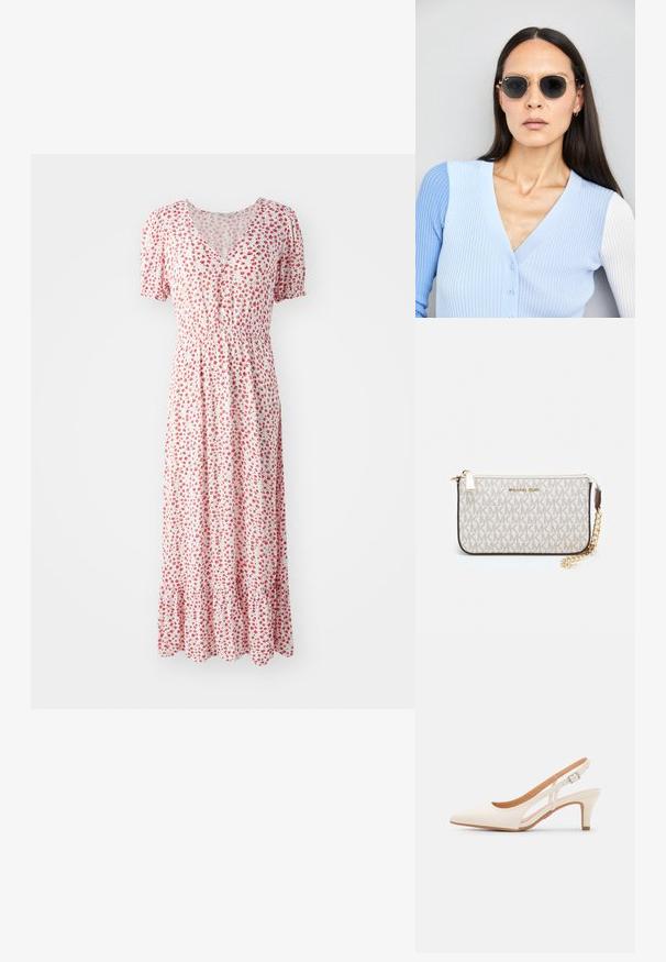 Balta maksi suknelė su mažomis raudonomis gėlėmis, V formos iškirpte, trumpomis pūkuotomis rankovėmis ir surinkta juosmeniu. Turi volanėlį apatine dalyje.; Balti slingback kulniukai su smailiu pirštu, lygia viršutine medžiaga, žemu blokuotu kulnu ir šoniniu išpjovimu su reguliuojamu sagtimi.; Apskriti saulės akiniai su tamsiais objektyvais ir auksiniais rėmeliais. Modelis vilki šviesiai mėlyną, raukinį kardiganą su mygtukais ir kontrastingomis baltomis rankovėmis.; Michael Kors rankinė smėlio spalvos dengto kanvoje su pakartotiniu MK logotipo raštu, auksinėmis detalėmis ir nuimamu grandininiu dirželiu.