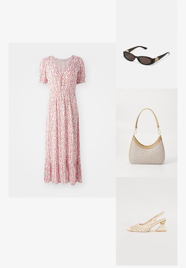 Blomstret maxi kjole i hvid med små røde blomster, V-udskæring, korte puffærmer og en gathered talje. Har en flæset kant.; Beige slingback sko med perforeret overdel, spids tå og en kontrasterende trekantet hæl med en guldfarvet detalje. Glat tekstur generelt.; Skildpaddemønster solbriller med aflange ovale linser, brun farve, guldlogo accenter på stængerne og slanke sorte arme.; Beige mønsteret taske med en buet form, læderdetaljer og et guldtonet logo på fronten. Har et kort håndtag for nem bæring.; Perle- og krystalhalskæde med et rundt, perlekantet design i lyse nuancer, der præsenterer skiftevis perler og glitrende detaljer, båret om halsen.