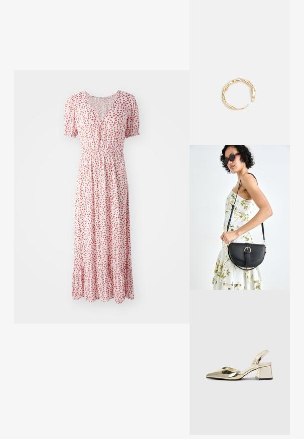 Blomstret maxi kjole i hvid med små røde blomster, V-udskæring, korte puffærmer og en gathered talje. Har en flæset kant.; Guld, metalliske slingback-hæle med spids tå og kraftig hæl. Glat tekstur, minimalistisk design og en smal strop.; Sort læderhåndtaske med en buet form, aftagelig rem og guldfinish. Tasken har en klap med en spænde detalje.; Guld-tone ring med et organisk, snoet design, glat overflade og affasede ender, hvilket skaber et moderne, skulpturelt udseende.