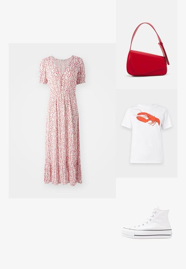 Rochie maxi florală albă cu flori mici roșii, decolteu în V, mâneci scurte tip puff și talie adunată. Prezintă un tiv ondulat.; Tricou alb din bumbac, cu un grafic mare, viu colorat de homar roșu pe față. Mâneci scurte și un guler standard de tip crew neck.; Adidași albi tip pantofi sport cu glezna din pânză, cu talpă din cauciuc negru, capac de vârf din cauciuc frontal și șase ochiuri pentru șireturi, având un design curat și minimalist.; Geantă de mână din piele roșie, cu un design unghiular și geometric. Dispune de o singură curea ajustabilă și un sistem de închidere cu clapetă, cu detalii cusute.