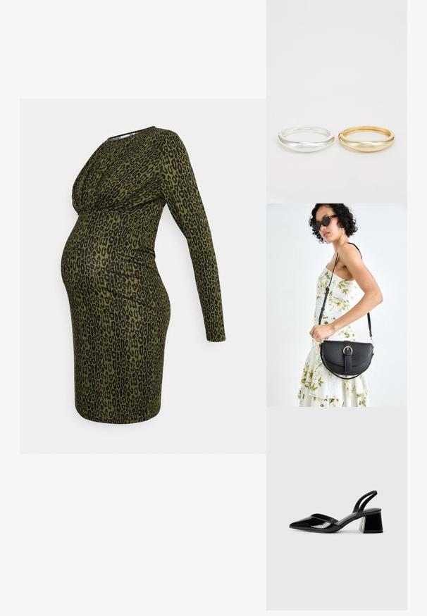 MAMALICIOUS MLSEANNA DRESS - Vestido de malha - dusty olive; Sandy em verniz preto com salto slingback, ponta afilada e salto geométrico. Apresenta um design elegante e minimalista com textura suave.; Bolsa de couro preta com forma curva, alça destacável e detalhes em dourado. A bolsa possui uma aba com detalhe de fivela.; Zign 2 PACK - Pulseira - gold-coloured/silver-coloured