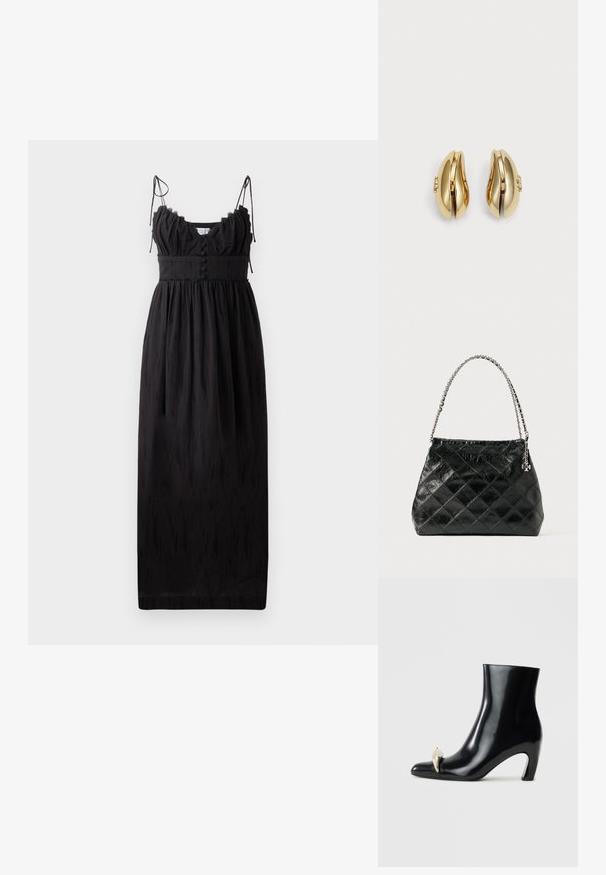 Crna maksi haljina s tankim podesivim trakama, naboranim dekolteom i dugmadi na struku. Izrađena od lagane tkanine s suptilnom teksturom.; Crne gležnjače od sjajne kože, s šiljatim vrhom i dekorativnim zlatnim i srebrnim elementom sprijeda. Dizajn s blok petom.; Crna prešivana kožna torba s ručkom od srebrnog lanca, sa strukturiranim dizajnom i glatkom teksturom.; Naušnice zlatne boje s fluidnim, zakrivljenim dizajnom. Svaka naušnica ima glatku površinu i mali zatvarač s ukrasnim detaljem.