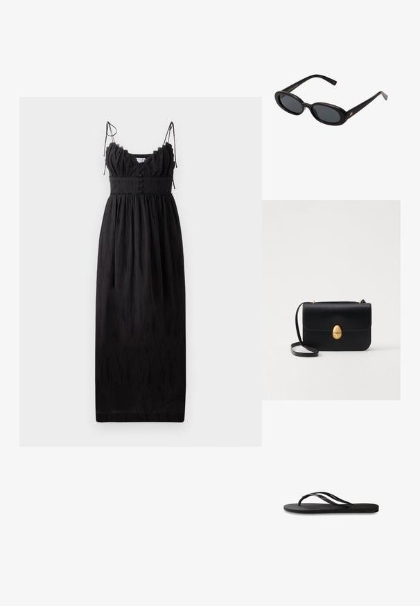 Zwarte maxi-jurk met dunne verstelbare schouderbanden, gerimpelde halslijn en knoopdetails op de taille. Gemaakt van lichtgewicht stof met een subtiele textuur.; Zwarte flip-flop met een gestructureerde rubberen zool, twee slanke banden en een subtiele, ingedrukte logo-detail op de band.; Zwarte oversized zonnebril met ovale lenzen, een glad plastic montuur en gouden accenten op de pootjes. Donkere lenzen bieden bescherming tegen de zon.; Zwarte leren handtas met een gestructureerde rechthoekige vorm. Voorzien van een gouden ovale sluiting en een dunne schouderband. Glad van textuur.