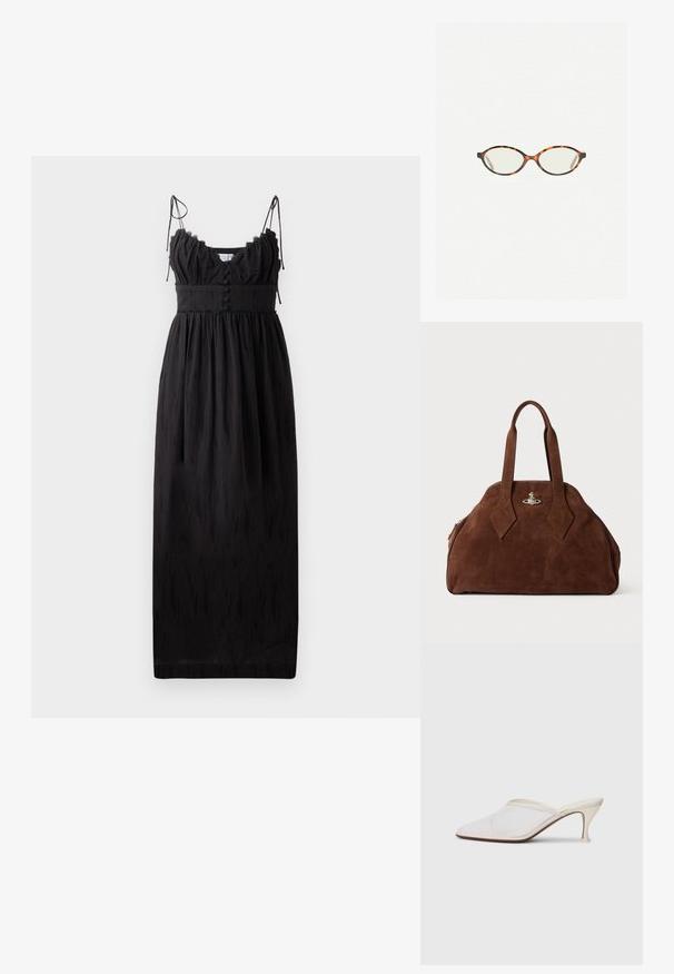 Svart maxiklänning med tunna justerbara band, volangkrage och knappdetaljer i midjan. Gjord av lätt tyg med subtil textur.; Vit nät-mule med spetsig tå, smal klack i medelhöjd och slip-on design mot en enkel bakgrund.; Sköldpaddsmönstrade glasögon med ovala linser och en elegant, slät yta. Har tunna sidor med en subtil kurva vid tinningarna. Klara linser.; Brun mockaskinnsväsk med en strukturerad form, rundad kropp och avlånga, diamantformade handtag. Har en silverfärgad låsning.; Guldring med en krondesign inuti en hästsko, dekorerad med små klara ädelstenar, på en vit bakgrund.; Guldring med en krondesign inuti en hästsko, dekorerad med små klara ädelstenar, på en vit bakgrund.