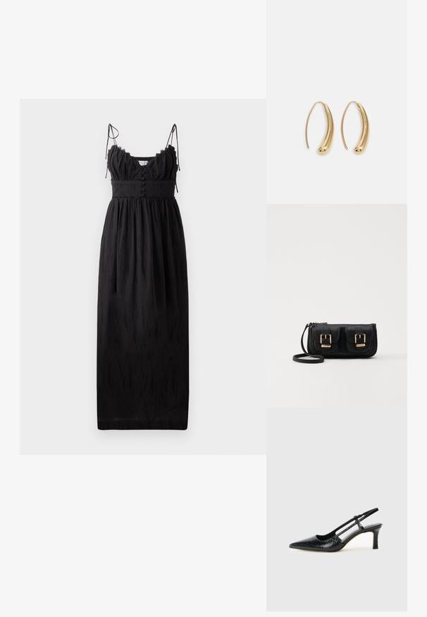 Čierna maxi šaty s tenkými nastaviteľnými ramienkami, volánovým výstrihom a gombíkovými detailmi v oblasti pásu. Vyrobené z ľahkej látky s jemnou textúrou.; Čierne patentové slingback topánky na ihlovom podpätku s špicatou špičkou, s textúrovaným hadím vzorom, nastaviteľným popruhom a krátkym, textúrovaným blokovým podpätkom.; Čierna kožená crossbody taška s dvoma prednými vreckami, zlatými sponami, zipsovým uzatváraním a úzkym popruhom. Štruktúrovaný povrch a kompaktný obdĺžnikový tvar.; Náušnice vo forme zlatých kovových kruhov s zakriveným, predĺženým tvarom. Majú hladký, lesklý povrch a zaoblený koniec pre pridanie detailu.