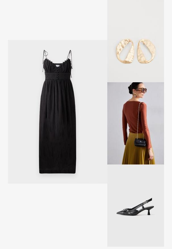 Must mustikas kleit õhukeste reguleeritavate rihmadega, volangidega kaelus ja nööpide detailid vöökoht. Valmistatud kergest riidest, millel on peen tekstuur.; Must must have must toote tõmblukuga, dekoratiivsed rihmad metallist silmadega ja madal blokk-kand. Tekstureeritud pind.; Vivienne Westwood SMALL PURSE CHAIN - Ülerinna-kott - black; Eba paar eba ebaorditud ovaalkujulisi kuldehhe kaal setertu, kerge keersuju pinnaga valgel taustal.