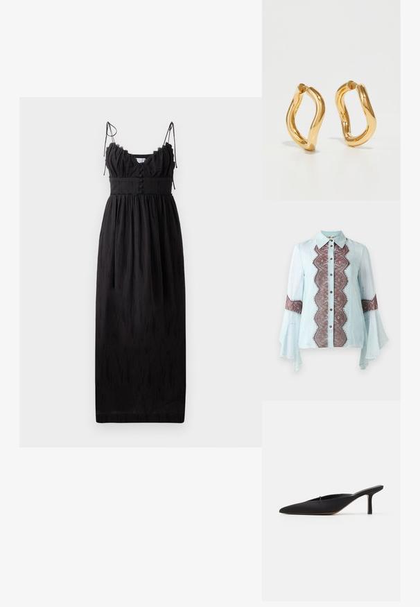 Crna maksi haljina s tankim podesivim trakama, naboranim dekolteom i dugmadi na struku. Izrađena od lagane tkanine s suptilnom teksturom.; Svijetloplava bluzica s smešnim čipkastim detaljem i prugastim uzorkom. Ima oštar ovratnik, dugme za zatvaranje i šire rukave.; Crne mule s oštrom kojom, elegantnog dizajna, izrađene od glatke tkanine, s vitkim potpeticama i otvorenom stražnjom stranom za jednostavno obuvanje.; Zlatne naušnice-krugovi s zakrivljenim, nepravilnim oblikom i glatkom, poliranom teksturom. Nema vidljive mehanike ili detalja.
