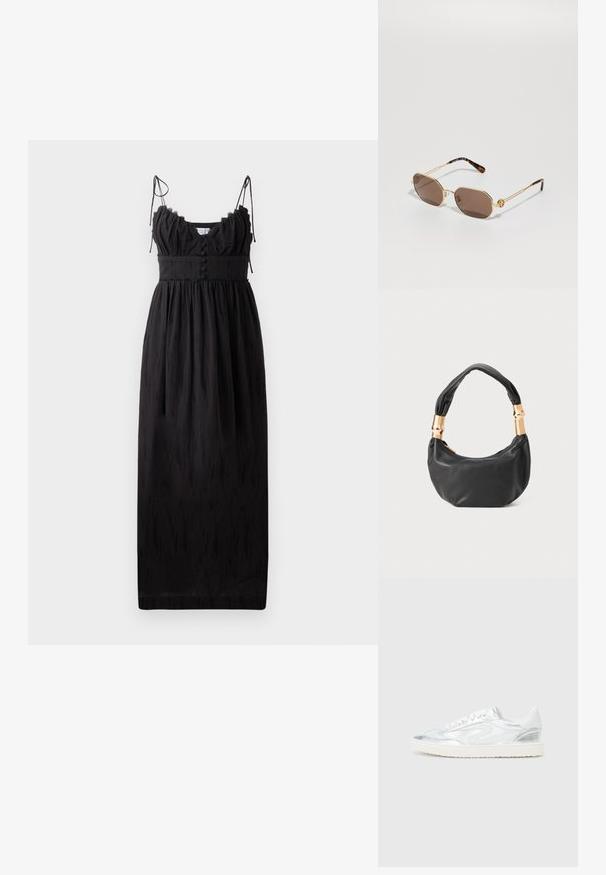 Black maxi dress with thin adjustable straps, ruffled neckline, and button details at the waist. Made of lightweight fabric with subtle texture.; White sneakers with metallic silver accents, smooth texture, round toe, flat sole, and traditional lace-up design.; Tory Burch Sunglasses - shiny gold-coloured; Black leather handbag with a round shape, soft texture, and a knotted handle featuring gold-tone hardware accents. Zipper closure.
