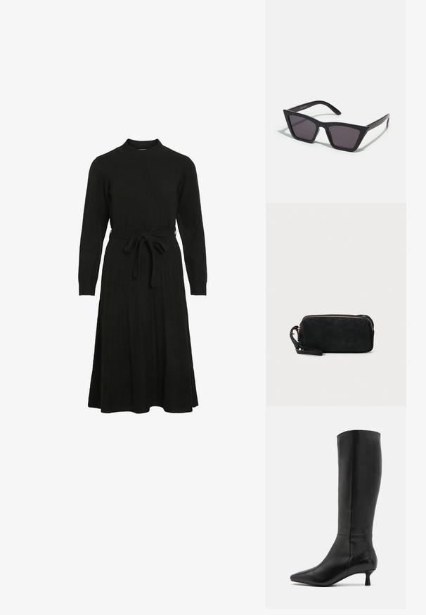 Μαύρο πλεκτό φόρεμα με ψηλό λαιμό, μακρύ μανίκι και ζώνη που δένει στη μέση, με φουσκωτή φούστα και ραβδωτή υφή.; Zign Μπότες - black; Μαύρα, γωνιώδη γυαλιά ηλίου με γκρι φακούς; κατασκευασμένα από πλαστικό, με χοντρές βραχίονες με λεία επιφάνεια και χωρίς ορατό μηχανισμό.; Μαύρη σουέτ τσάντα clutch με φερμουάρ και αποσπώμενο λουρί καρπού. Διαθέτει χρυσές λεπτομέρειες και λεία, ματ υφή.