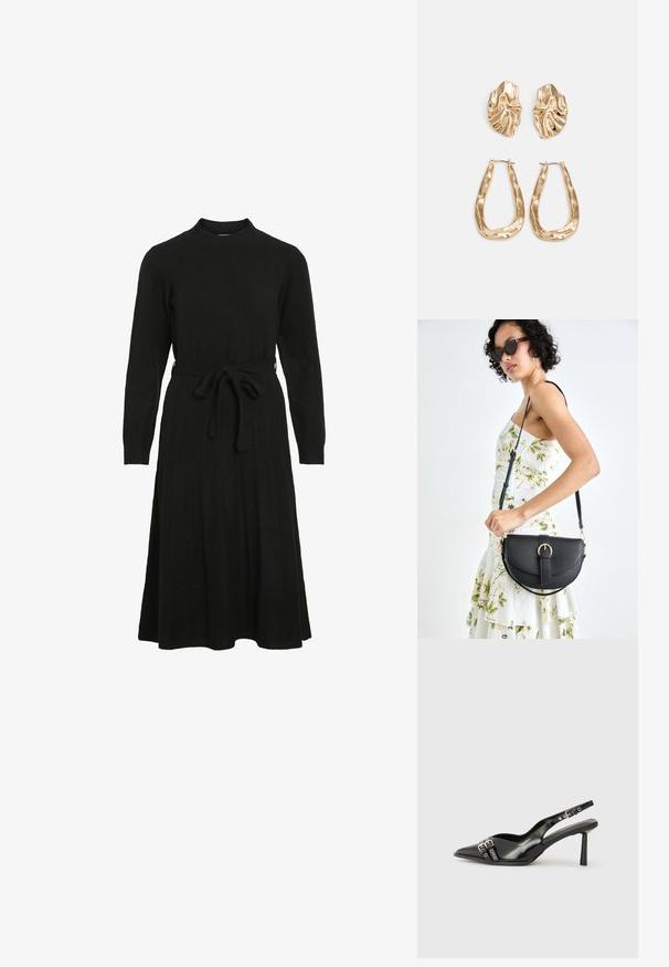 Vestido de malha preto com um decote alto, mangas longas e um cinto atado à cintura, apresentando uma saia rodada e textura canelada.; Sapato slingback preto em pele patentada com bico apontado, tiras no tornozelo apresentando fivelas e acessórios prateados, e um salto elegante.; Bolsa de couro preta com forma curva, alça destacável e detalhes em dourado. A bolsa possui uma aba com detalhe de fivela.; Brincos em tom de ouro com formas onduladas e texturizadas. Inclui studs escultóricos com presilha e um design de argola aberta com um acabamento martelado.