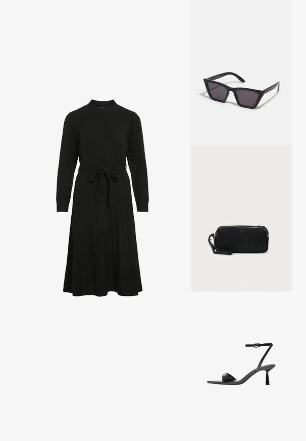 Svart stickad klänning med hög krage, långa ärmar och ett bälte att knyta i midjan, med en utsvängd kjol och ribbad textur.; Bershka Sandaletter - black; Svarta, vinklade solglasögon med grå linser; tillverkade av plast, med tjocka skalmar med en slät yta och utan synlig hårdvara.; Svart mocka clutchväska med dragkedjestängning och avtagbart handledsband. Utrustad med guldfärgad hårdvara och en slät, matt yta.