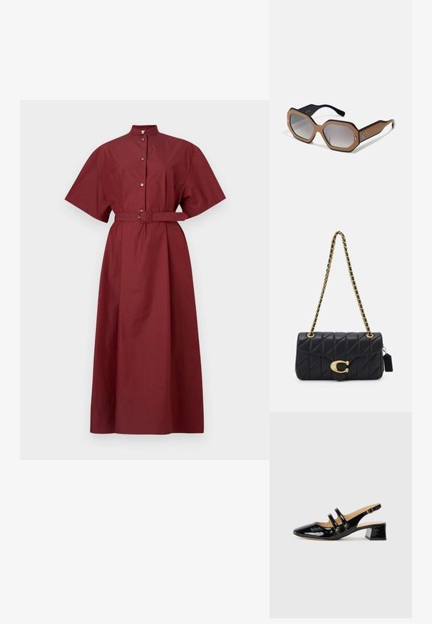 Vestido de algodón burdeos con mangas cortas, cuello alto, cierre delantero de botones y un cinturón a juego en la cintura, con una silueta recta.; Zapato de charol negro tipo slingback con punta puntiaguda, detalle de dos correas, acentos circulares dorados y un tacón bajo tipo bloque.; Gafas de sol octagonales con una combinación de colores marrón y negro, lentes degradados y un acento de logo en el lado. Fabricadas de material plástico.; Bolso de mano negro acolchado con una correa de cadena dorada, que presenta un distintivo clasp dorado y una pequeña etiqueta, mostrando una superficie de cuero texturizada.