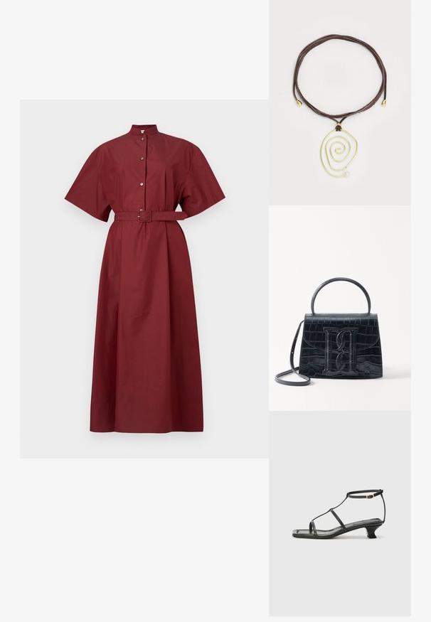 Mørkerød bomuldsweardress med korte ærmer, høj krave, knaplukning foran og et matchende bælte i taljen, der har en lige silhuet.; Sort lædersandal med firkantet tå, tynde stropper, justerbar ankelrem og en lav hæl. Har et lille gyldent element på stroppen.; Sort krokodillede læderhandbag med en struktureret design, top-håndtag, justerbar rem og et fremtrædende frontlogo.; Gul spiralanhænger med en hvid perle på en brun lædersnor. Anhængeren har glatte, flydende linjer og metalliske accenter.