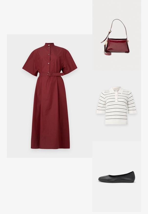 Rochie din bumbac în nuanța maroon, cu mâneci scurte, guler înalt, închidere frontală cu nasturi și o curea asortată în talie, având o siluetă dreaptă.; Polo cu mânecă scurtă în crem cu dungi negre. Are un guler cu nasturi, textură tricotată și un design cu decupaje pentru ventilație.; Balerini din piele neagră, cu vârf rotund, textură netedă, detalii de cusătură minimale și un design al tălpii flexibil.; Geantă din piele patent burgundy, cu un design structurat, închidere cu fermoar superior și curea de umăr detașabilă. Accente din metal auriu.