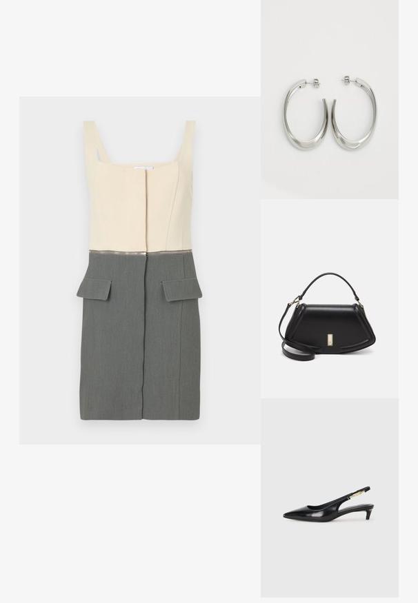 Διχρωμία φόρεμα με κρεμ επάνω τμήμα και γκρι κάτω τμήμα. Διαθέτει κατακόρυφες ραφές, κεντρικό φερμουάρ και δύο μπροστινές τσέπες.; Μαύρες δερμάτινες γόβες slingback με μυτερή μύτη, διαθέτοντας λεπτό τακούνι και χρυσή λεπτομέρεια στην ρυθμιζόμενη λωρίδα. Λείος υφές.; Μαύρη δερμάτινη τσάντα με δομημένο σχέδιο, που διαθέτει κομμένο σχήμα, επάνω λαβή και χρυσά μεταλλικά στοιχεία. Περιλαμβάνει ρυθμιζόμενο λουρί ώμου.; Ασημένια σκουλαρίκια κρίκοι με μαλακή, καμπυλωτή σχεδίαση. Διαθέτουν γυαλιστερή μεταλλική υφή και κλείσιμο με σφίγγα. Χωρίς ορατά μοτίβα ή διακοσμήσεις.